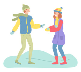 Teenagers or married couple playing snowballs, winter weather. Guy in jacket and scarf, girl in coat, knitted hat, mittens, snow. Family outdoor recreational activities. Flat cartoon characters