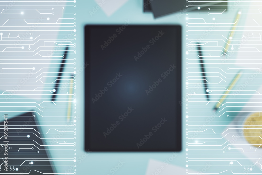 Poster creative abstract micro chip hologram and modern digital tablet on desktop on background, top view, 