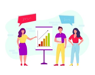 Young confident business man and woman near the standing presentation display board, pointing with hands. Effective teamwork, presenting graphics. Business people work concept. Vector isolated.