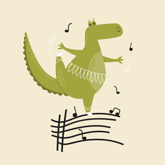 Cheerful illustration of a ballerina crocodile dancing on a vinyl record.