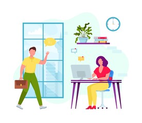 Business office work. Man greeting young girl manager. Colleagues at workplace near big window. Flat design vector illustration. Freelancers coworking creative space. Modern business office interior.
