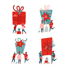 Set of people celebrating New Year. Flat vector illustrations -friends holding presents, tiny people near big gift boxes. New Year or Christmas concept for banner, website design or landing web page