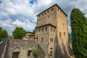 BOBBIO, ITALY, AUGUST 20, 2020 - Malaspina Castle in Bobbio, Piacenza province, Emilia Romagna, Italy - obrazy, fototapety, plakaty