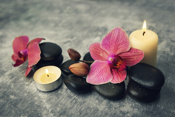 spa and wellness. orchid flowers with massage stones and candles on rock background
