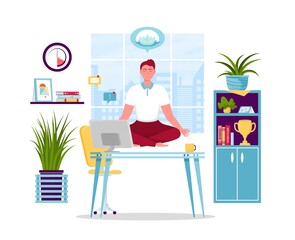 Man meditating at workplace. Businessman doing yoga to calm down stressful emotion from hard work in office over desk with office process icons. Concept of meditation. Vector illustration.