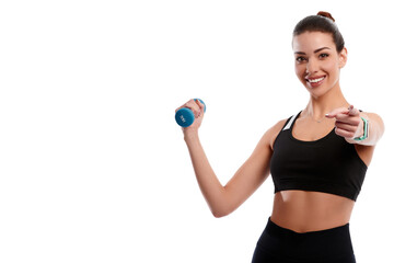 Fototapeta na wymiar Attractive caucasian slim woman doing physical exercise using dumbbell and showing finger gesture isolated on white background