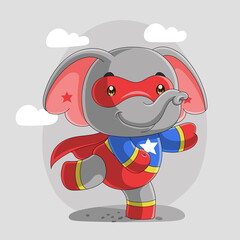 Cute elephant super hero cartoon, hand drawn