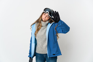 Skier girl with snowboarding glasses isolated on white background making stop gesture and disappointed