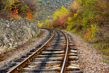 Russian Straight Railway with trees. Landscape with railroad, summer time traveling, freedom of...
