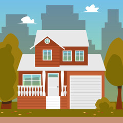 Fototapeta premium Cityscape background with cute suburban house flat vector illustration.