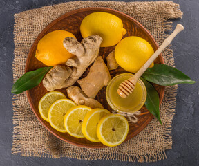 Healthy food.Lemon, honey,aloe and ginger.