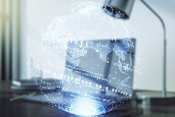 Multi exposure of abstract graphic coding sketch with world map on modern computer background, big data and networking concept