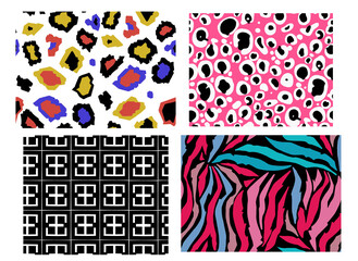 Animal skin background pattern vector set. Safari textile collection. Giraffe, zebra, leopard, jaguar. Animal backgrounds for textile design, wrapping paper, prints. Vector illustration