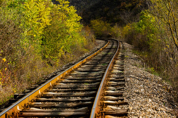 Russian Straight Railway with trees. Landscape with railroad, summer time traveling, freedom of...