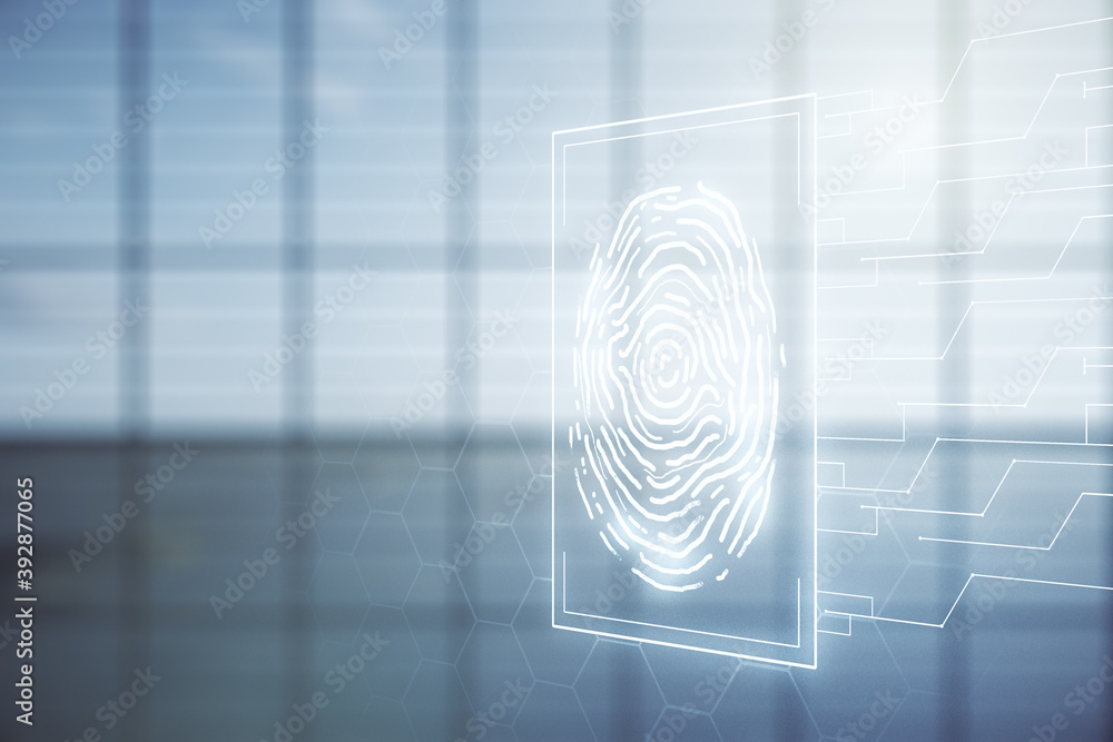 Poster double exposure of virtual creative fingerprint hologram on empty modern office background, research