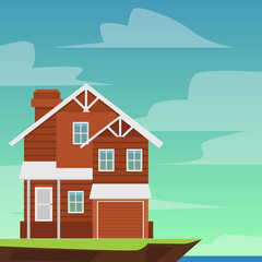 Two-storey suburban residential house with garage a vector illustration