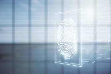 Double exposure of virtual creative fingerprint hologram on empty modern office background,...