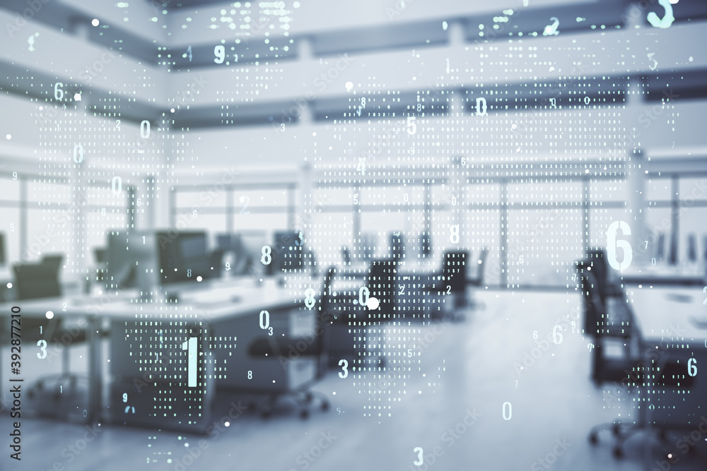 Aufkleber abstract virtual coding concept and world map hologram on a modern furnished office background. mult