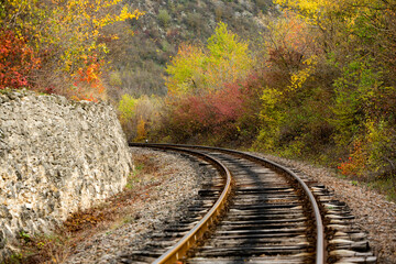 Russian Straight Railway with trees. Landscape with railroad, summer time traveling, freedom of...