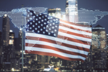 Multi exposure of abstract creative digital world map hologram on USA flag and blurry skyscrapers background, research and analytics concept