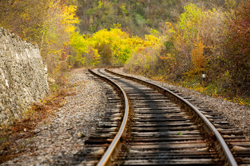 Russian Straight Railway with trees. Landscape with railroad, summer time traveling, freedom of...