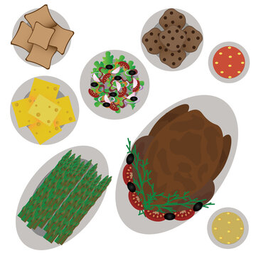 Vector set of isolated food, products and dishes on a white background. Top view of fried chicken, asparagus, salad, bread, cheese, sauce, cookies, mushrooms. Elements for a background of a menu.
