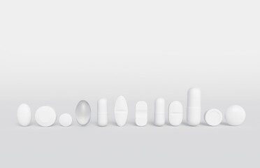 Assorted white medicines in a row isolated on a white backgdrop with space for text. 3d illustration for pharmaceutical industry and illness treatment.