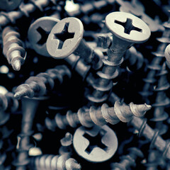 A bunch of black self-tapping screws close up. Hardware, fasteners and materials for construction and repair. Greenish-yellow tinted square still life about manufacturing and industry. Macro