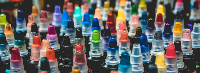 Many bottles with colorful inks for tattoo, close up view