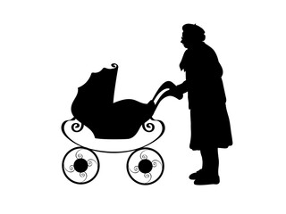 Silhouette of grandmother with baby stroller