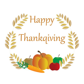 Happy Thanksgiving logo. Round icon with vegetables and cereal spikelets. Concept of a badge or label for the autumn harvest. Template for an advertising sign or discount coupon. Vector illustration.