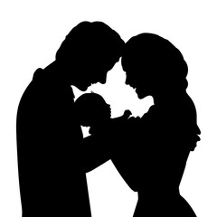 Silhouettes happy parents father and mother holding newborn baby closeup