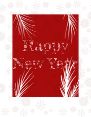 stylized Christmas card with the image of branches of Christmas trees on a red background and a Happy new year inscription consisting of snowflakes. ideal for printing banner postcards and websites. 