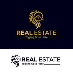 Obraz premium Lion Real estate logo template. the lion faces crown logo design.