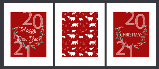 stylized Christmas card with a picture linear numbers 2021 and branches of Christmas trees on a red background. ideal for printing banner postcards and websites. EPS10