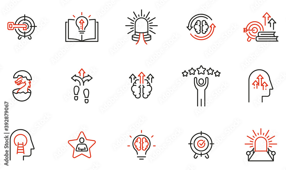 Poster vector set of linear icons related to coaching, career development and striving for self-realization