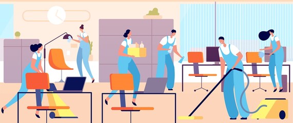 Cleaning workers in office. Cartoon woman clean, professional hygiene service team. Female male cleaners in uniform utter vector illustration. Worker in office, service cleaner professional