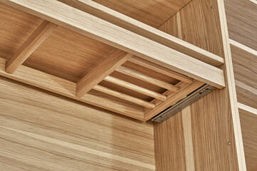 Modern wardrobe with slide out rack for coathangers. Detail of modern furniture