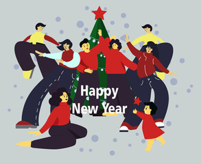 cute Christmas card with a picture of a young family or entertain friends around the Christmas tree. ideal for printing banner postcards and websites. EPS10