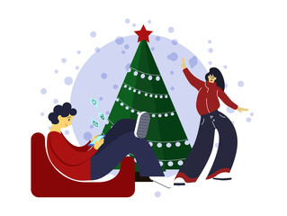 cute Christmas card with a picture of a young family or entertain friends around the Christmas tree. ideal for printing banner postcards and websites. EPS10