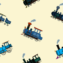 Seamless pattern with vintage steam puffers in cartoon style on beige background.