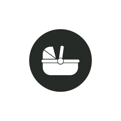 Baby stroller icon. Baby carriage, buggy, pram, stroller, wheel. Circle button. Vector.