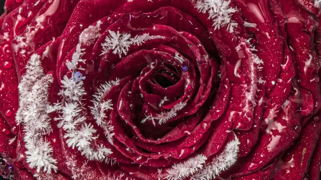 Beautiful red rose in frozen. The process of freezing red rose, the crystallization of dewdrop in flower in frosty weather. Macro timelapse video