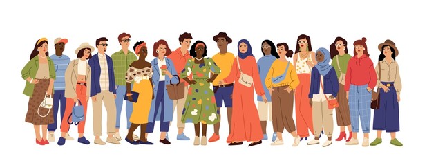 Multicultural people crowd. Diverse person group, isolated multi ethnic community portrait. Adult african european swanky vector characters. Crowd multicultural, woman and man different illustration