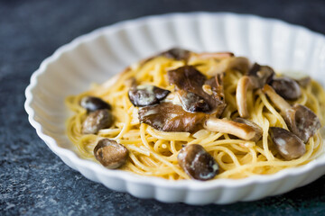 rustic italian spaghetti pasta in mushroom cream sauce
