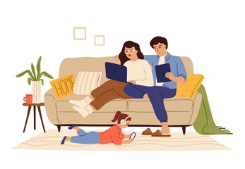 Family using gadgets. Home internet, child parents with tablet laptop smartphone. People addicted digital social media swanky vector concept. Illustration family addicted, addiction media gadget