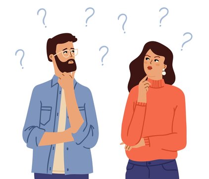 Couple thinking. Confused people, doubt girl man with question marks. Cartoon questionable person, thoughtful face swanky vector characters. Couple woman and man confused, question think illustration
