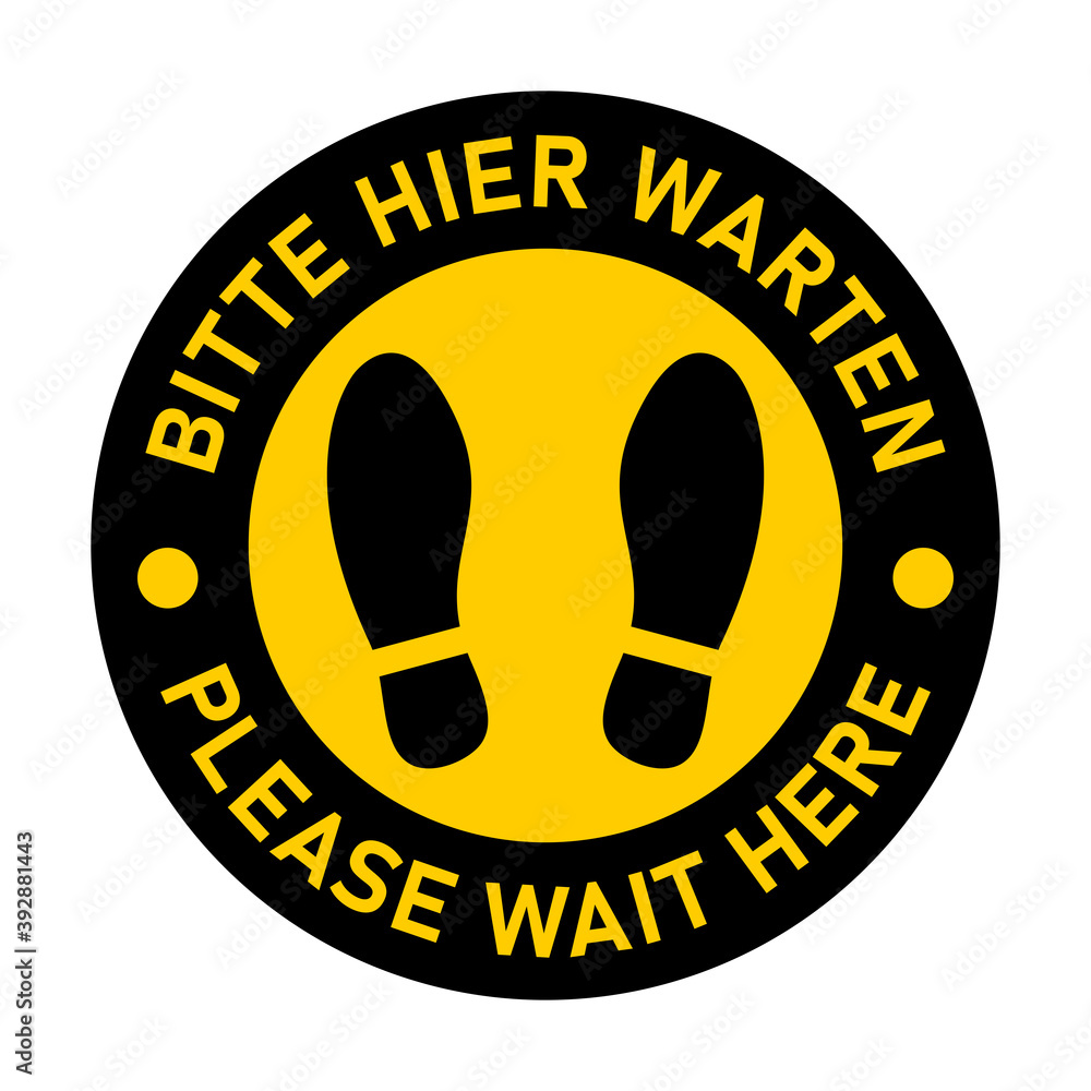 Poster bilingual german & english round social distancing floor marking icon with shoeprints for queue line