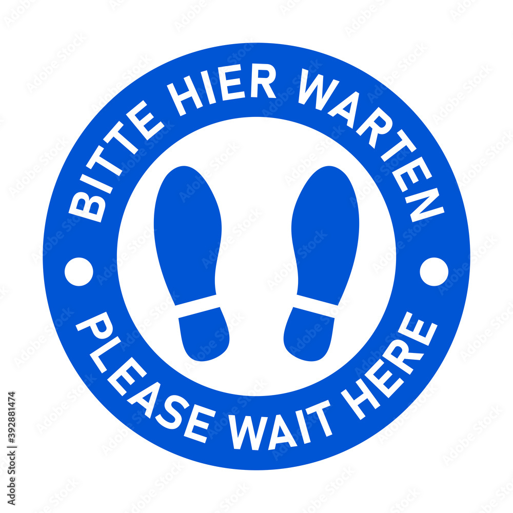 Poster bilingual german & english round social distancing floor marking icon with shoeprints for queue line