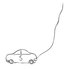 Toy car on a leash doodle logo icon sign emblem Hand drawn ink sketch Children's cartoon linear cute design style Fashion print clothes apparel greeting invitation card cover flyer room poster banner